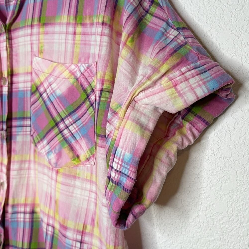 White Birch Womens Plaid Short Sleeve Frayed Tunic Top Size Medium Colorful - Picture 4 of 12